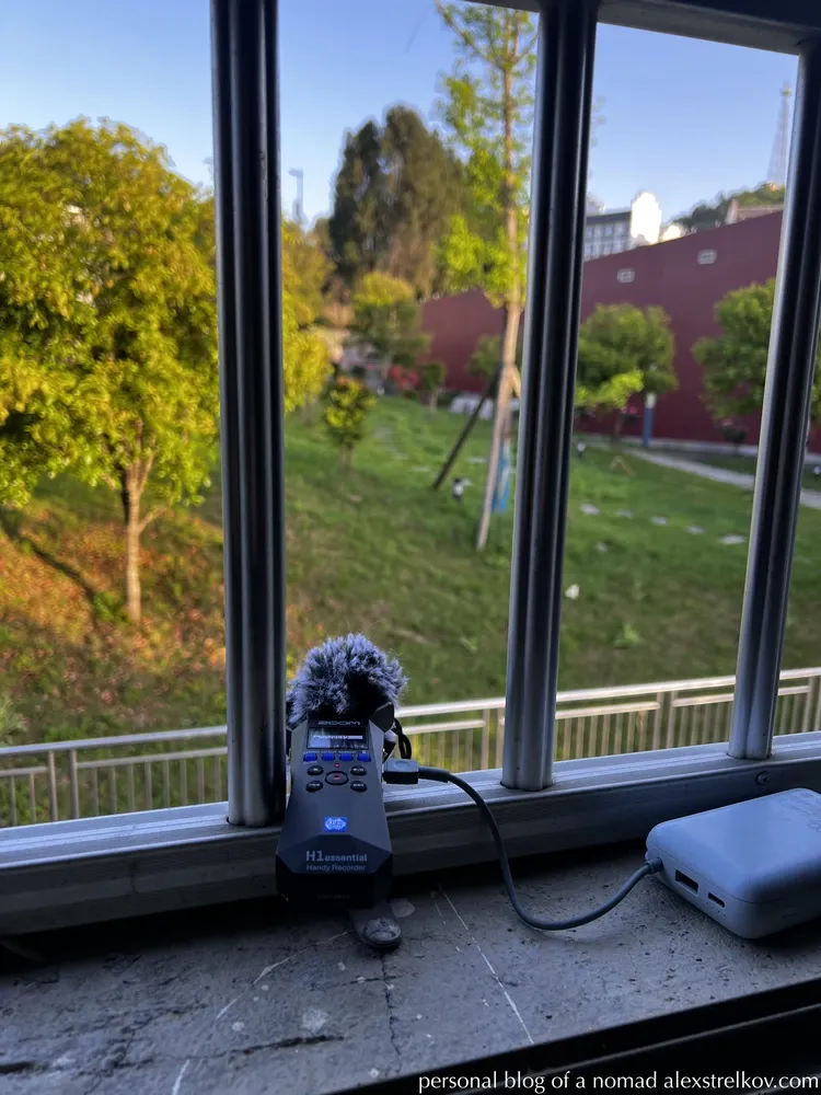 view from window with iron bars, green garden outside, Furong Town hotel