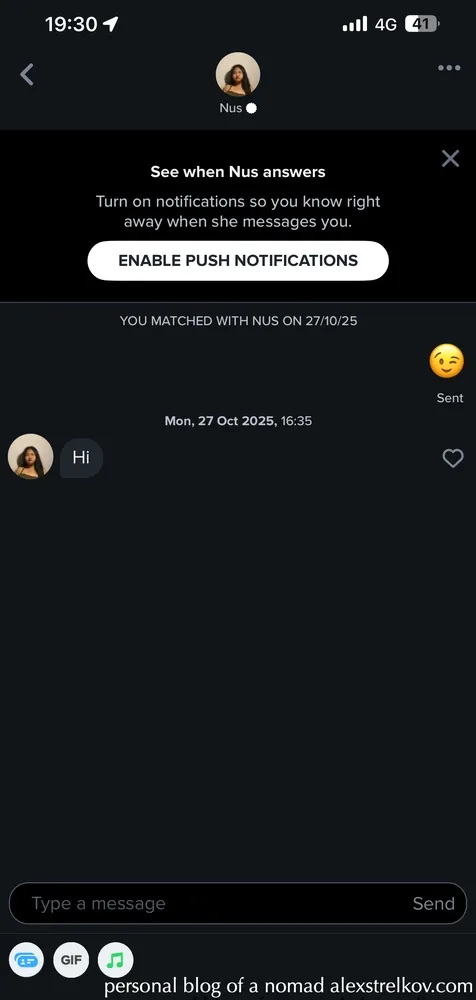 Tinder chat with a match in China showing the app working normally