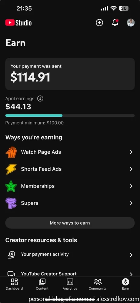 YouTube Studio earnings April 2026 content creator income dashboard