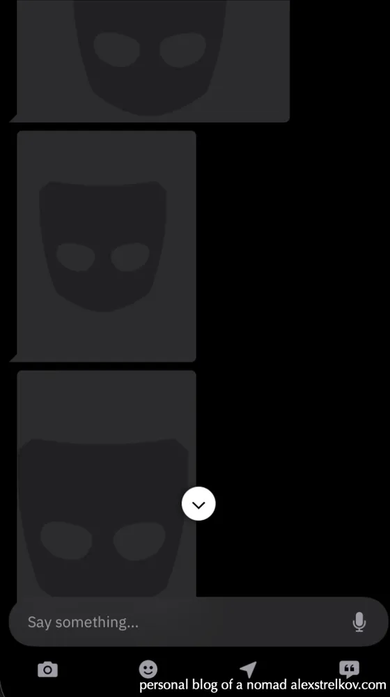 Grindr chat in China showing photos failing to load — black squares instead of images