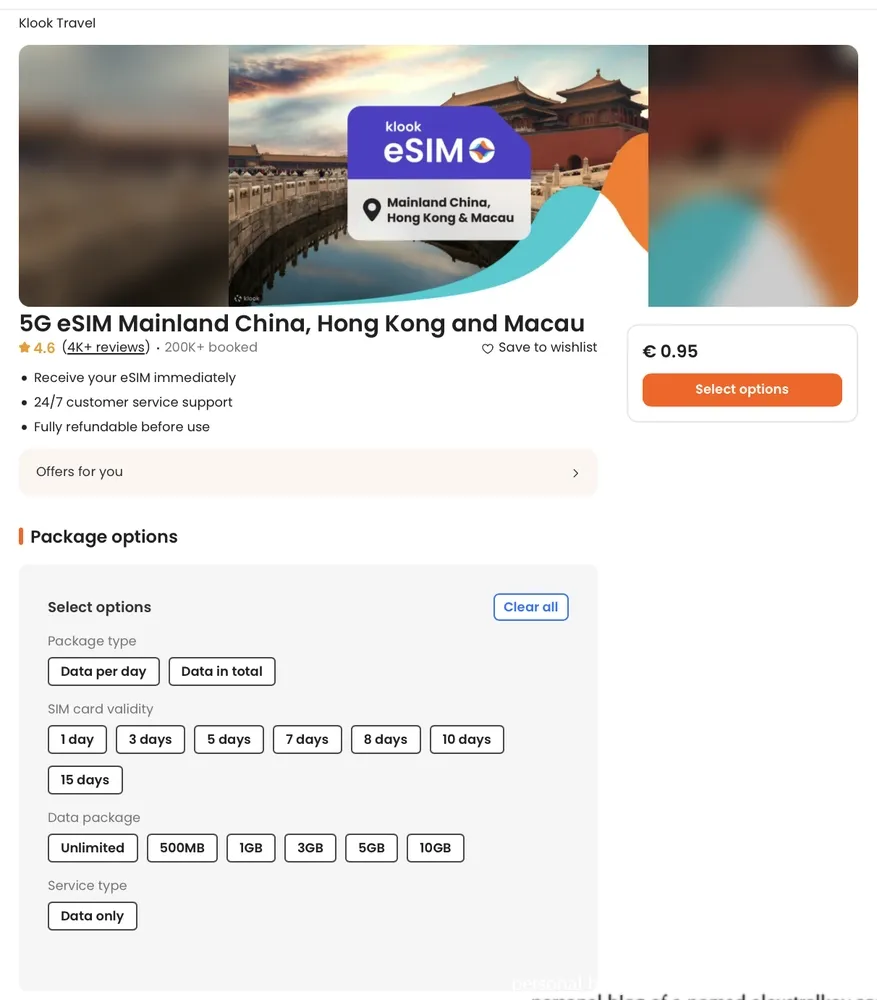 Klook eSIM for Mainland China Hong Kong and Macau with pricing from 0.95 euros