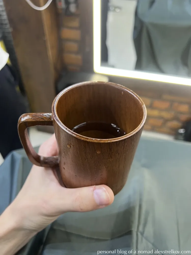 wooden cup water Baza Barbershop Samarkand barber chair 